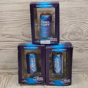 3 Kurt Adler Bud Light Beer Can Christmas Tree Man Cave Ornament Blue Blow Mold